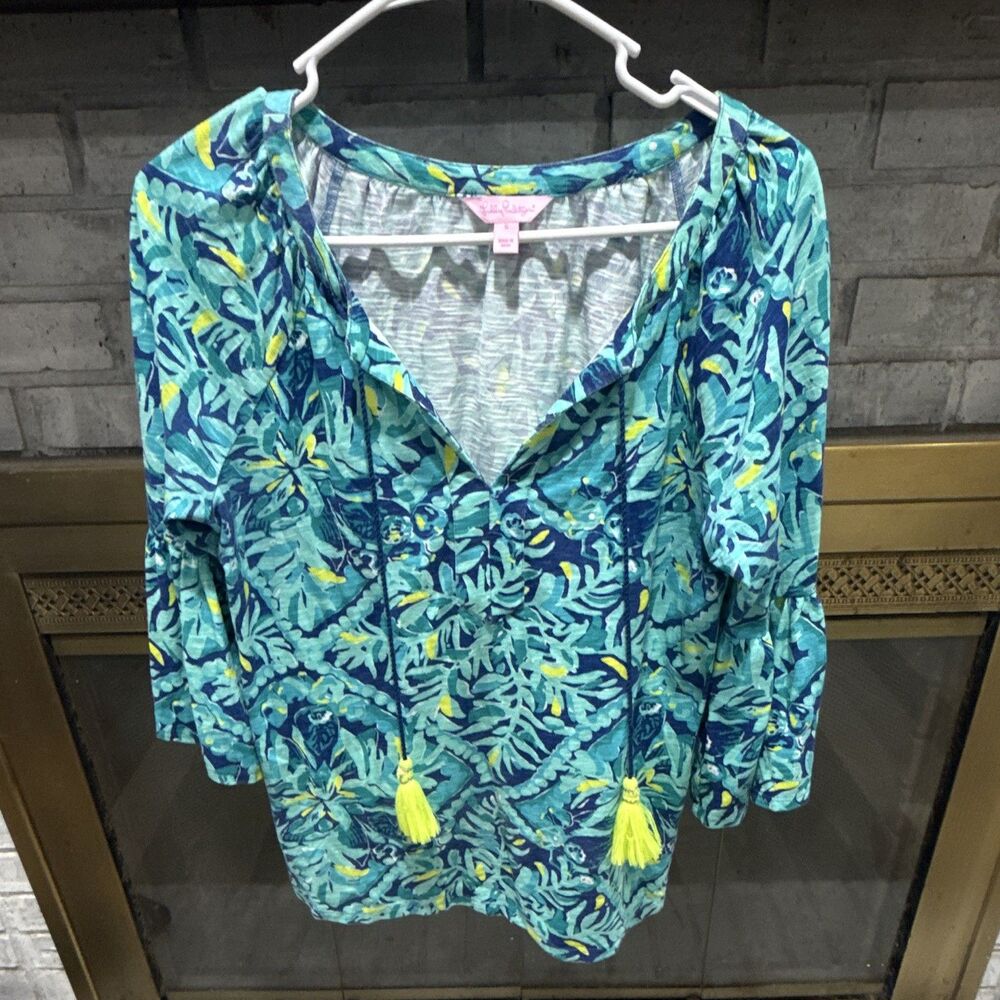 Lilly Pulitzer Women's Short Sleeve Shirt Blue Green Floral Print, Size Small